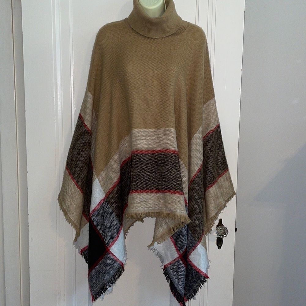 Ellie Kate tan, red, white & black‎ turtleneck poncho/cape